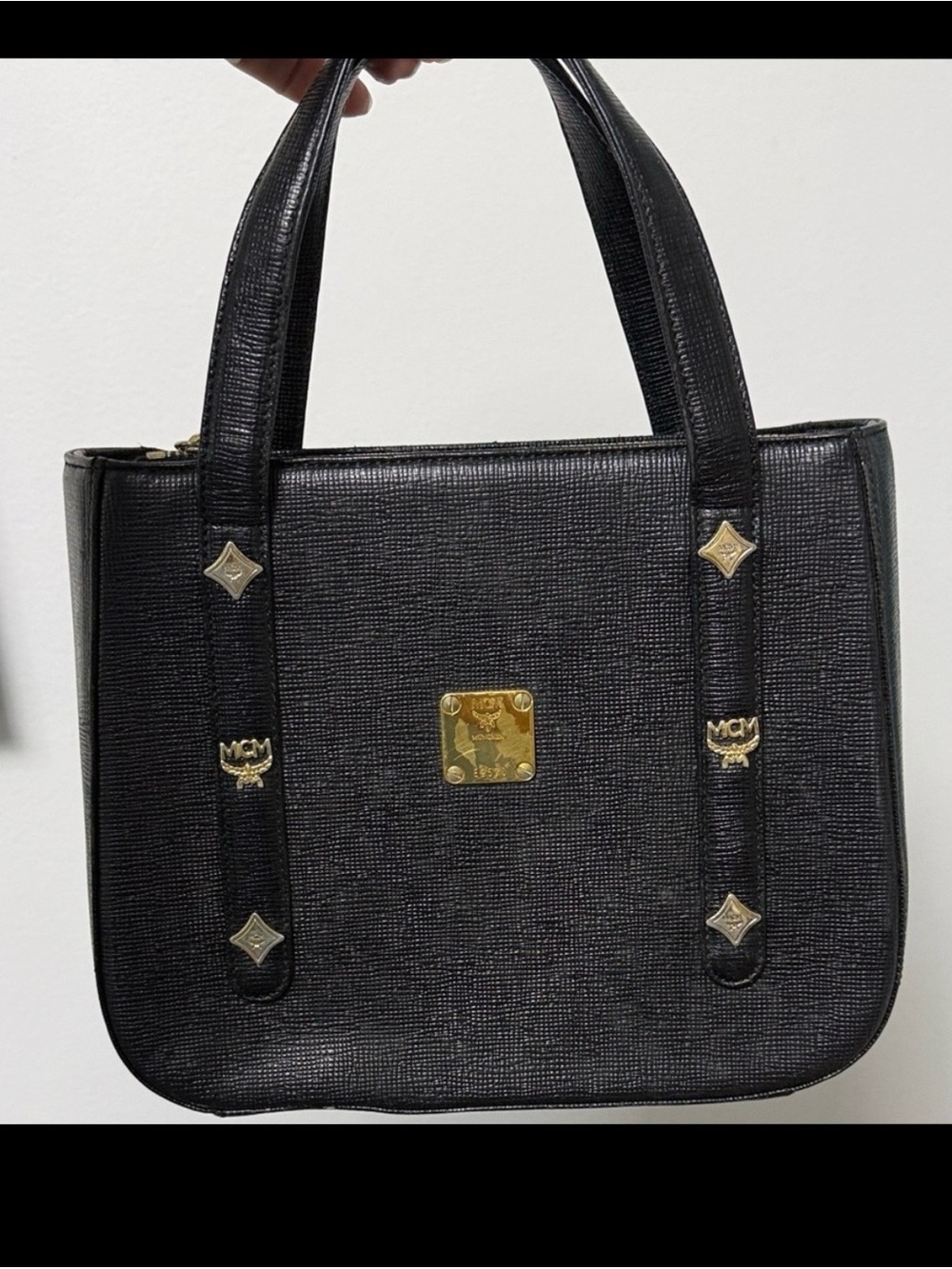 MCM Small Boston Black and Gold Structured Hand Bag
